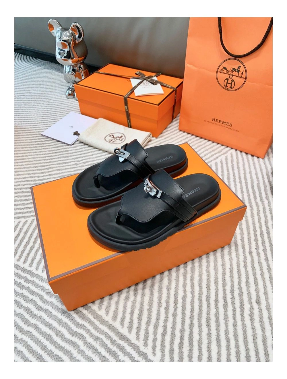 Hermes Empire Sandals in Black Calfskin