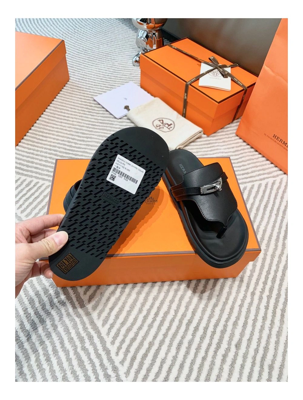 Hermes Empire Sandals in Black Calfskin