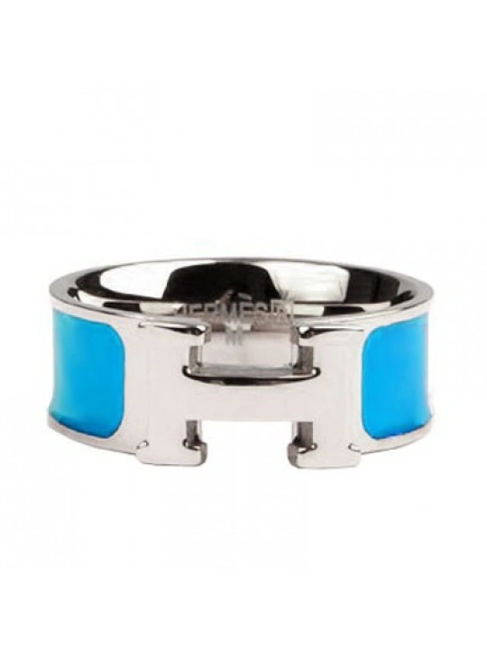 Hermes Enamel Clic H Ring in 18kt White Gold with Blue