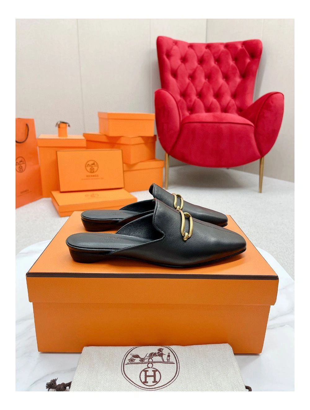 Hermes Esmee Mules in Black Calfskin