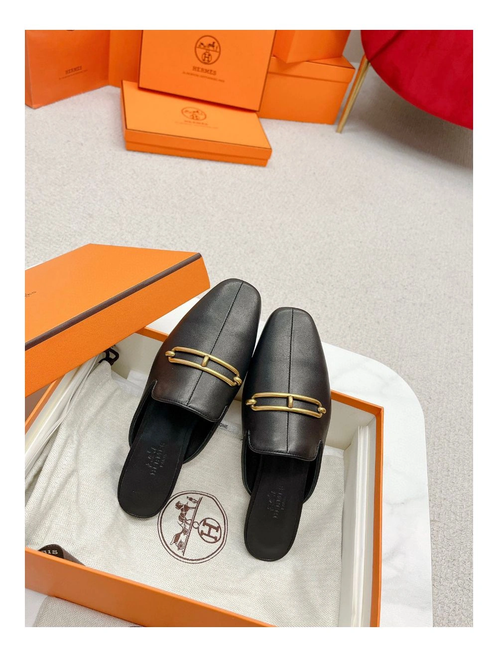 Hermes Esmee Mules in Black Calfskin