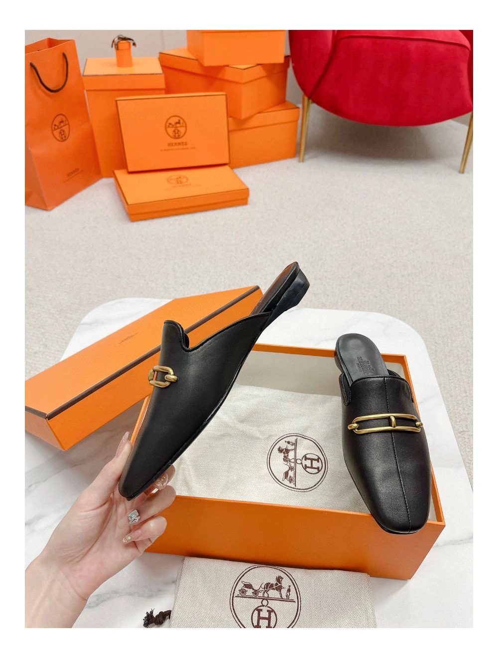 Hermes Esmee Mules in Black Calfskin