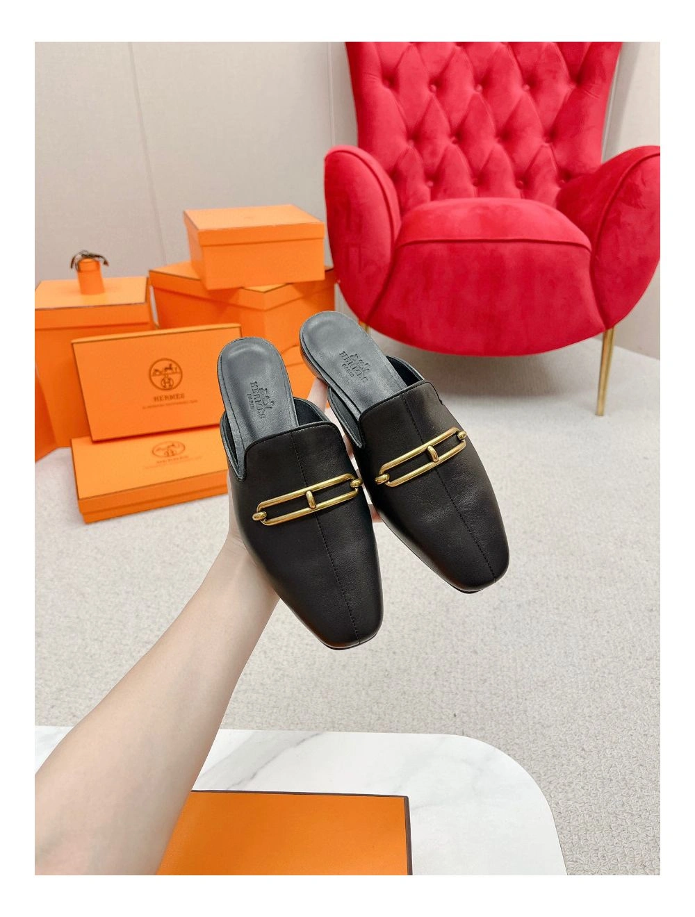 Hermes Esmee Mules in Black Calfskin
