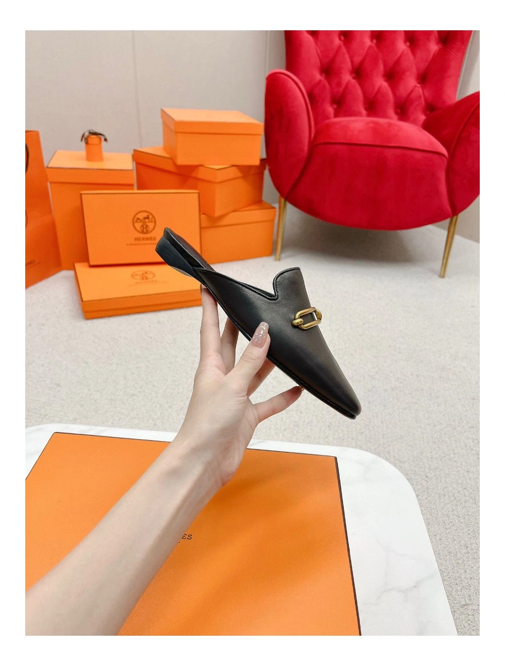 Hermes Esmee Mules in Black Calfskin