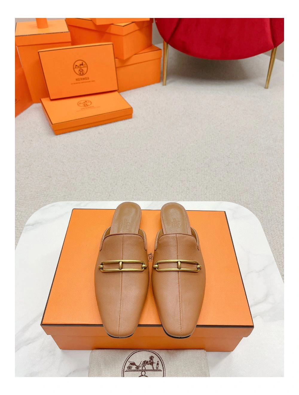 Hermes Esmee Mules in Brown Calfskin