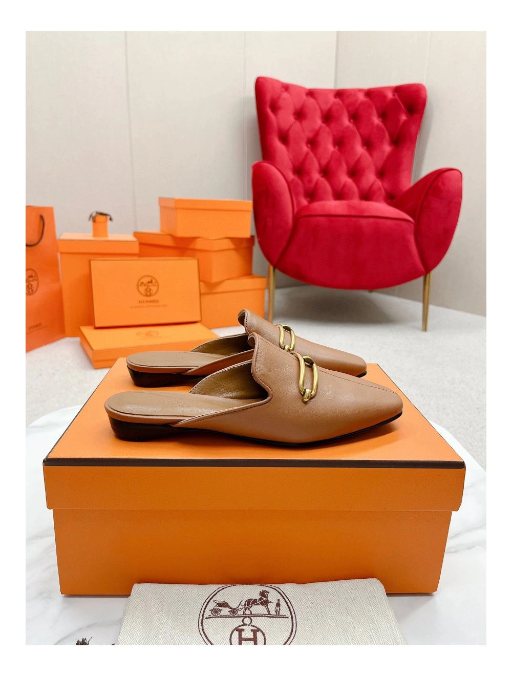 Hermes Esmee Mules in Brown Calfskin