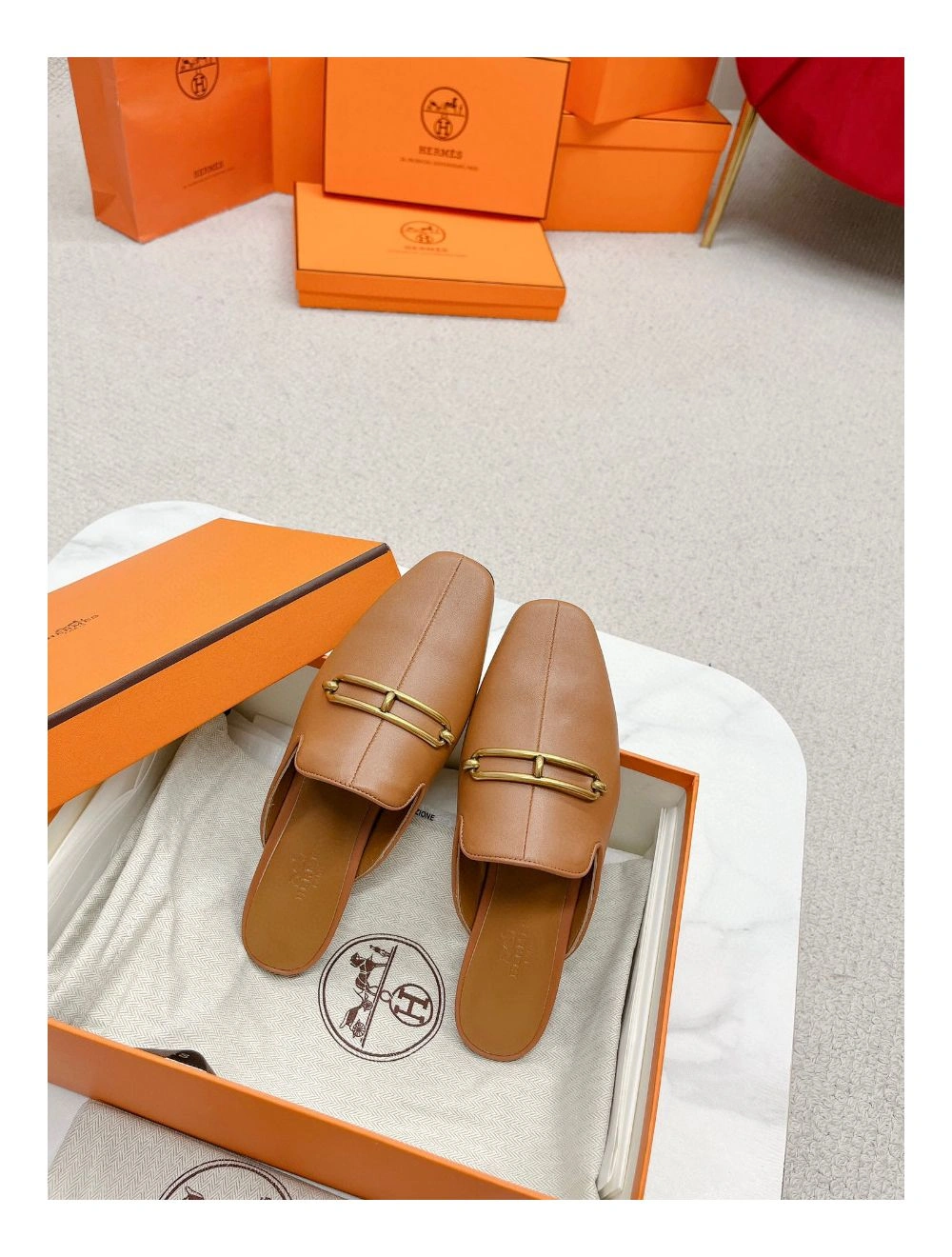 Hermes Esmee Mules in Brown Calfskin