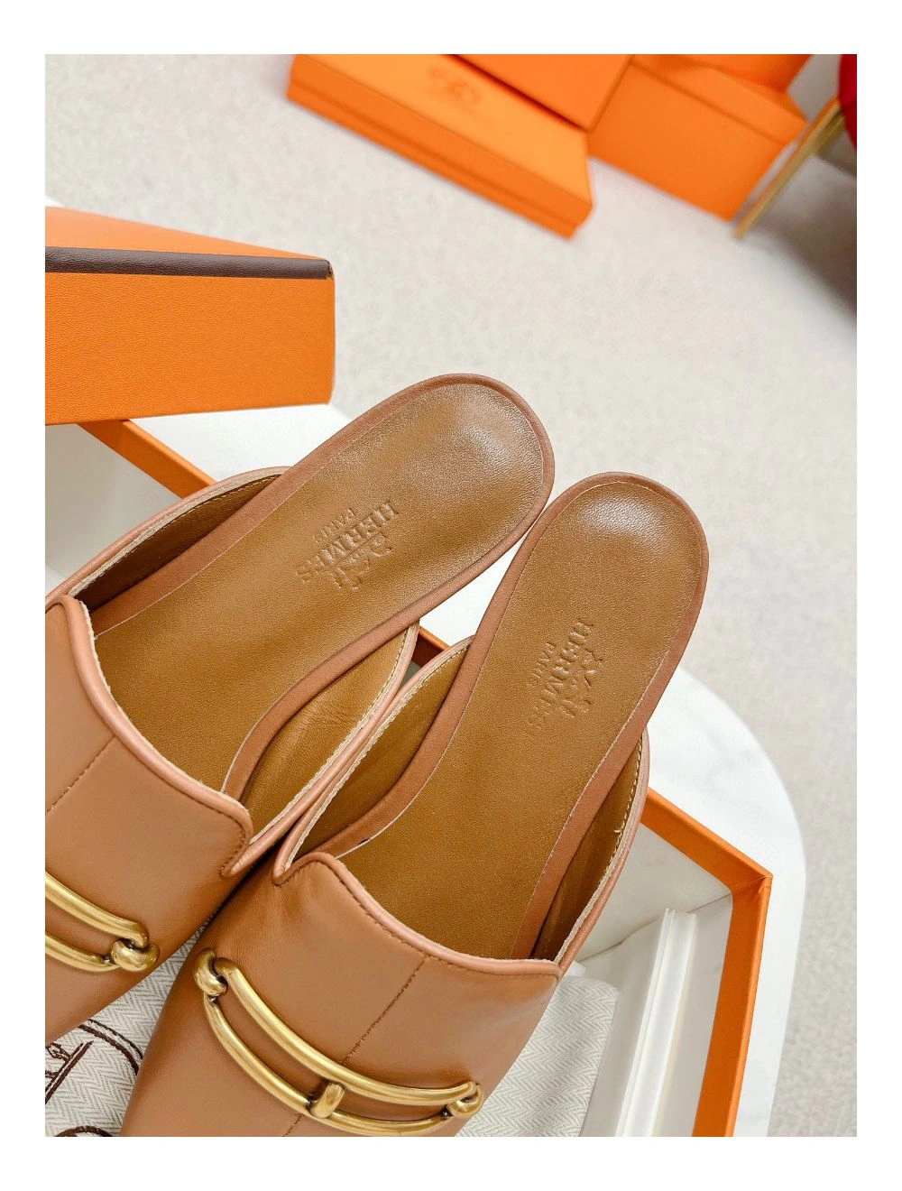 Hermes Esmee Mules in Brown Calfskin