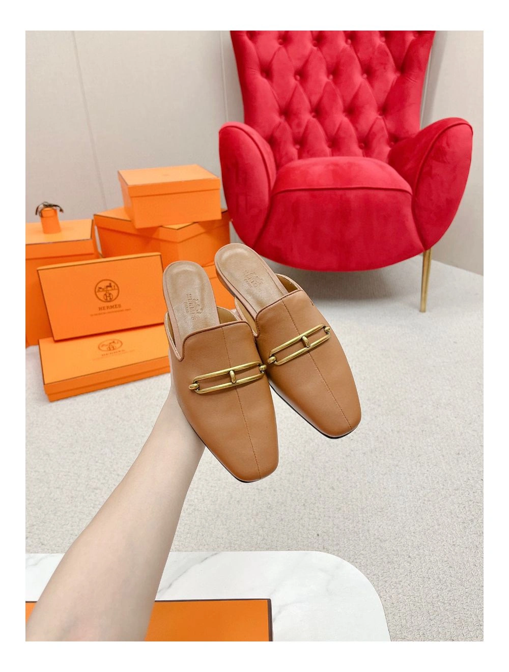 Hermes Esmee Mules in Brown Calfskin