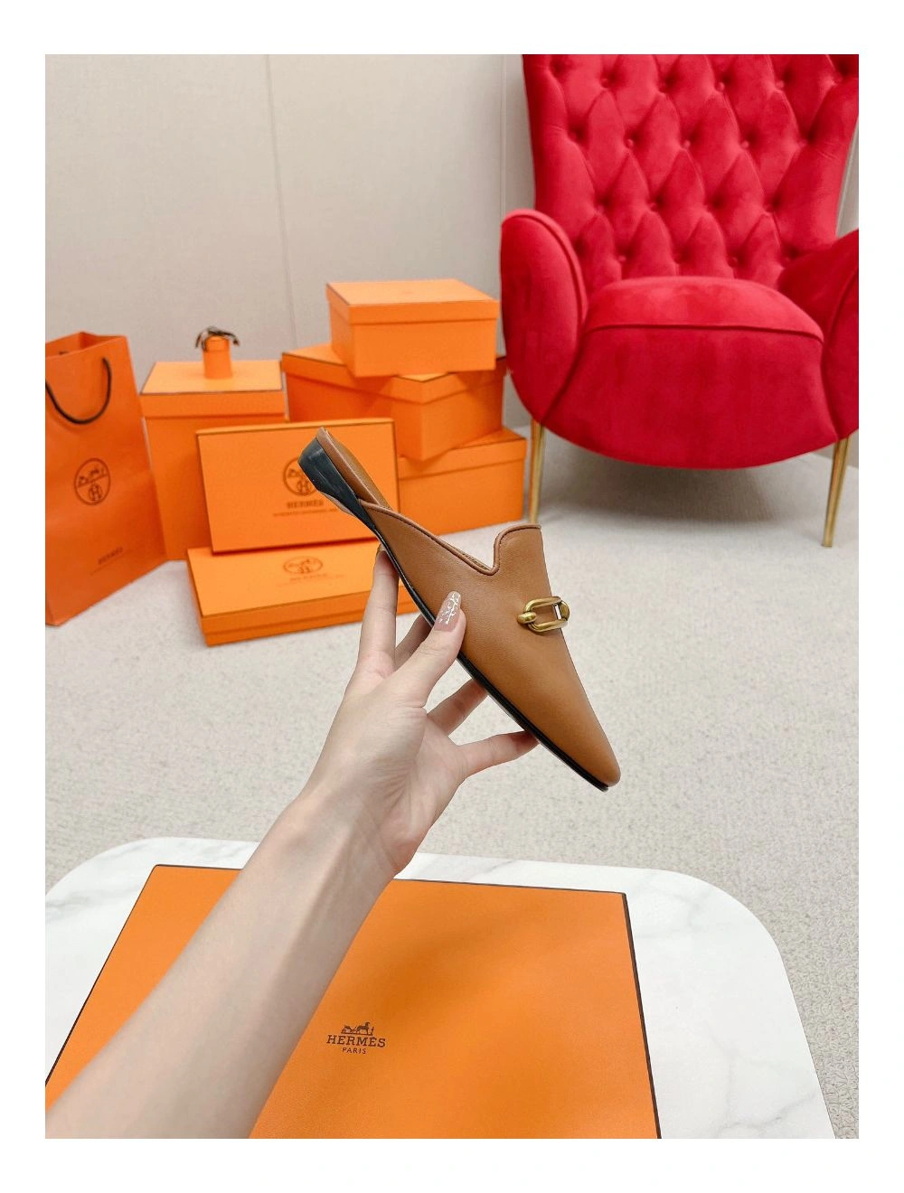 Hermes Esmee Mules in Brown Calfskin