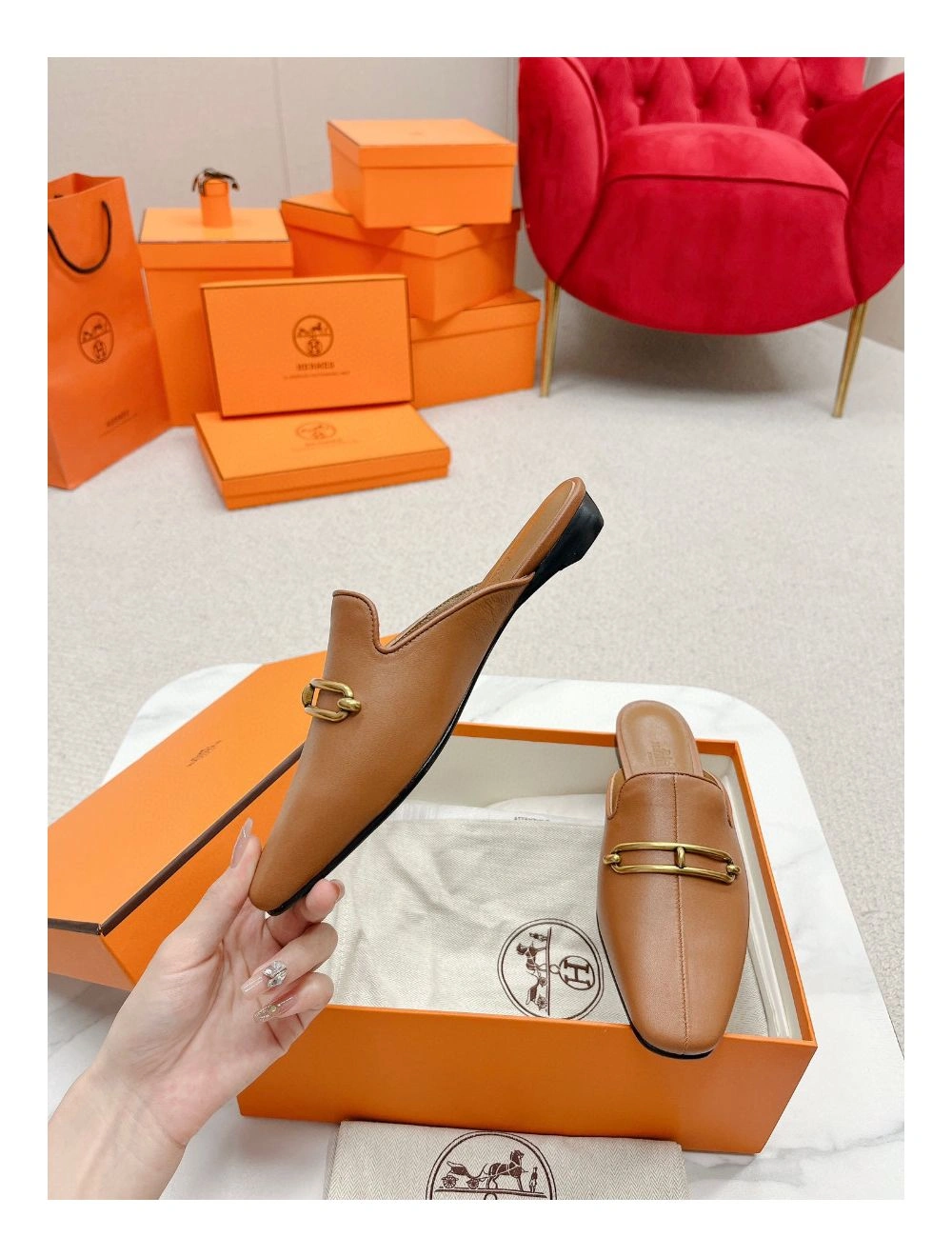 Hermes Esmee Mules in Brown Calfskin