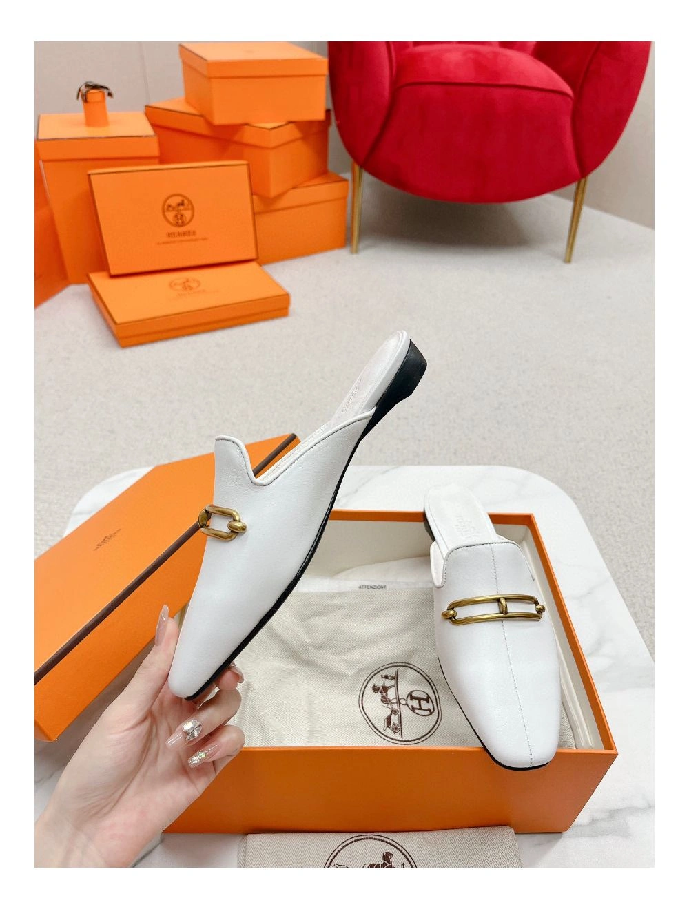 Hermes Esmee Mules in White Calfskin