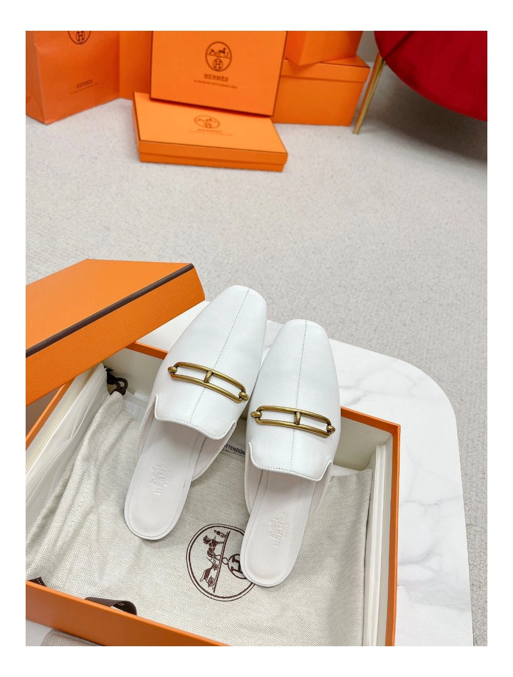 Hermes Esmee Mules in White Calfskin