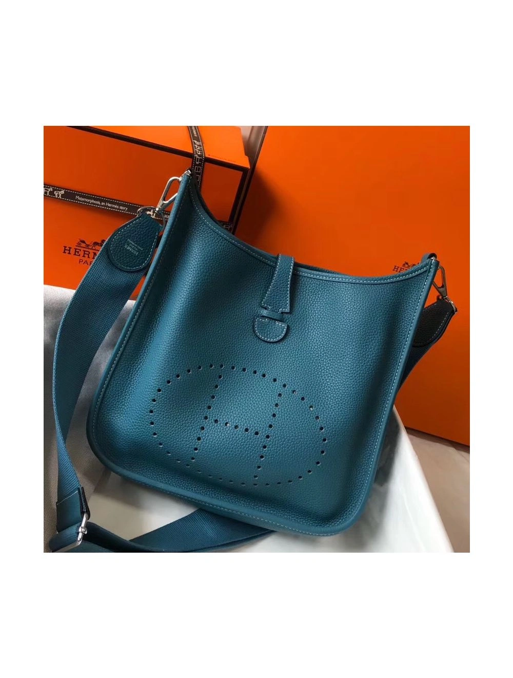 Hermes Evelyne III 29 PM Bag In Blue Jean Clemence Leather