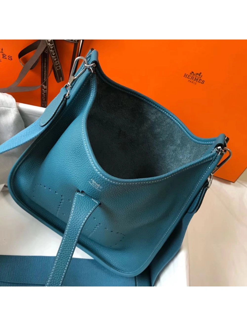 Hermes Evelyne III 29 PM Bag In Blue Jean Clemence Leather