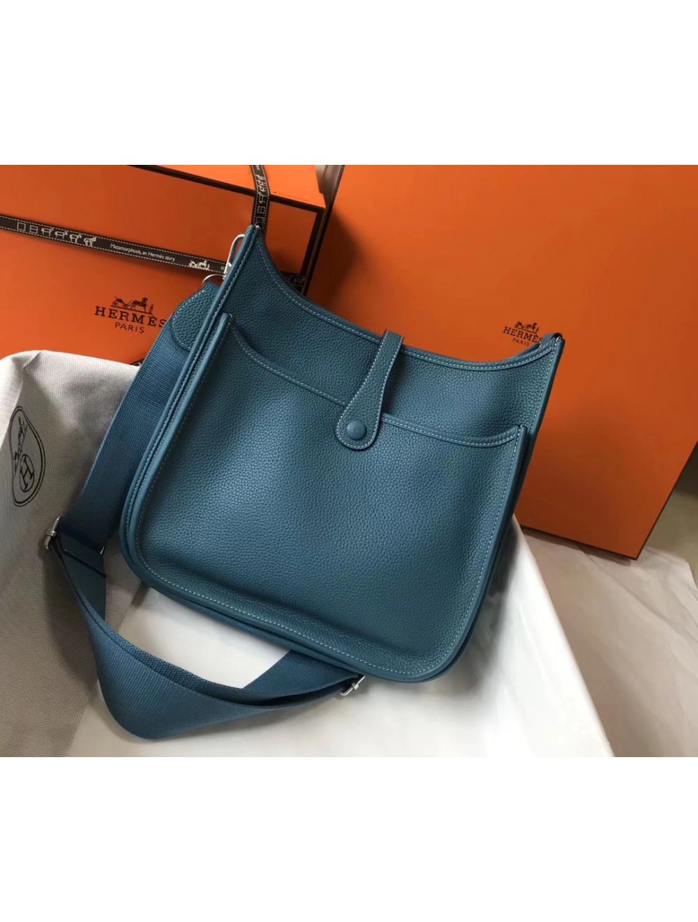 Hermes Evelyne III 29 PM Bag In Blue Jean Clemence Leather