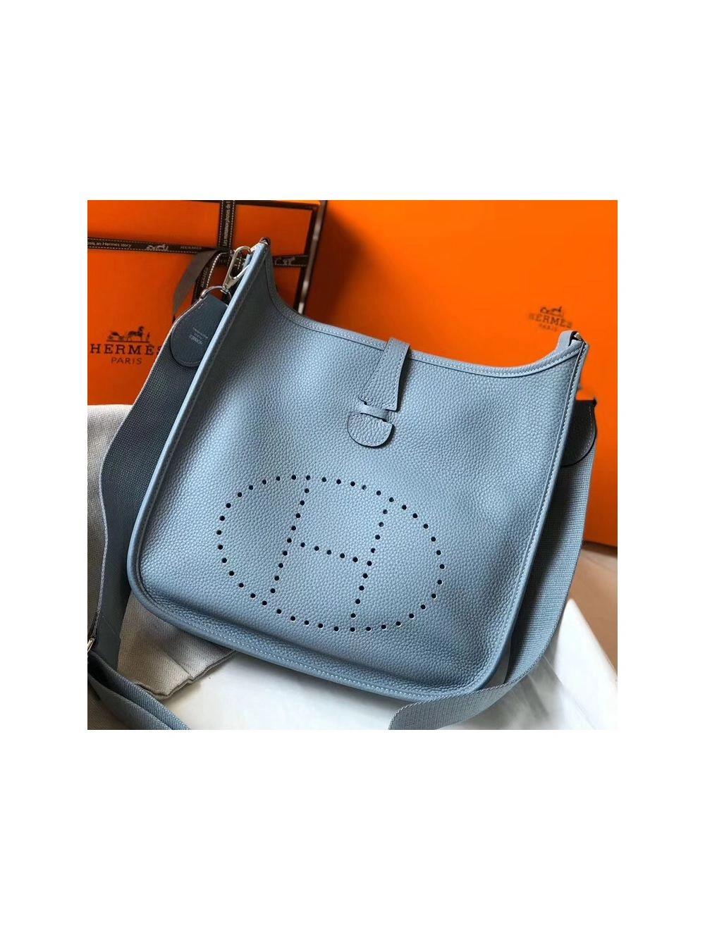 Hermes Evelyne III 29 PM Bag In Blue Lin Clemence Leather