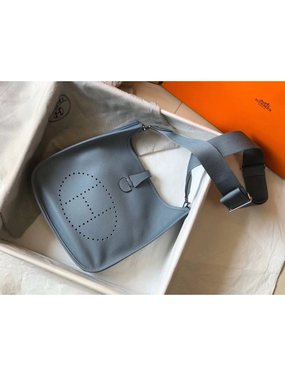 Hermes Evelyne III 29 PM Bag In Blue Lin Clemence Leather