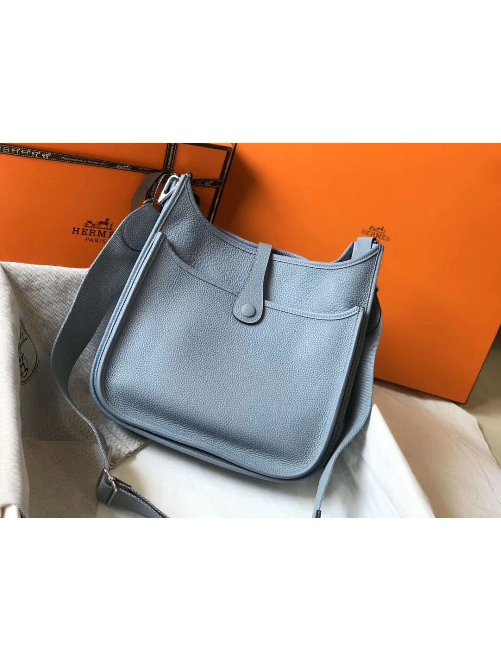 Hermes Evelyne III 29 PM Bag In Blue Lin Clemence Leather