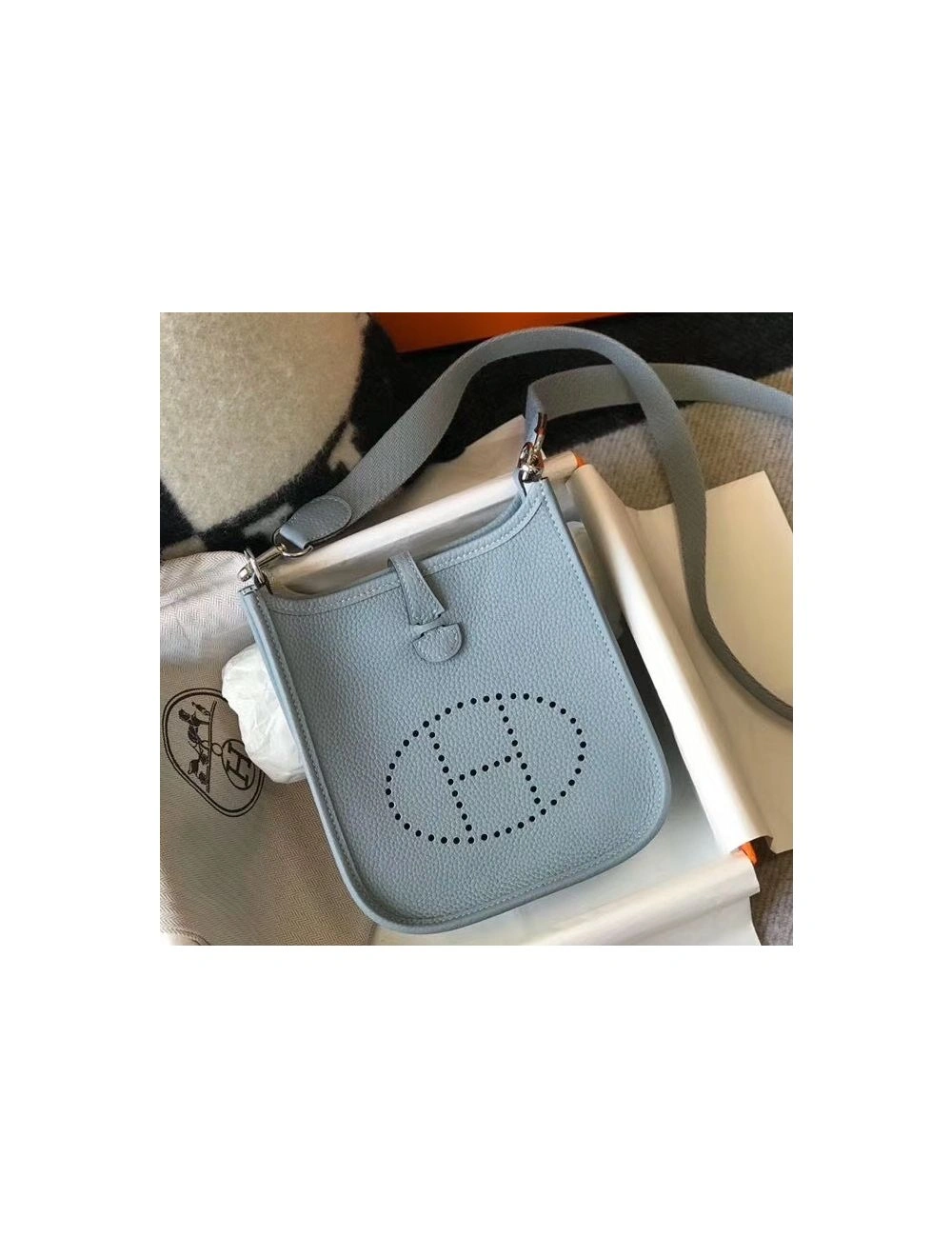 Hermes Evelyne III TPM Bag In Blue Lin Clemence Leather