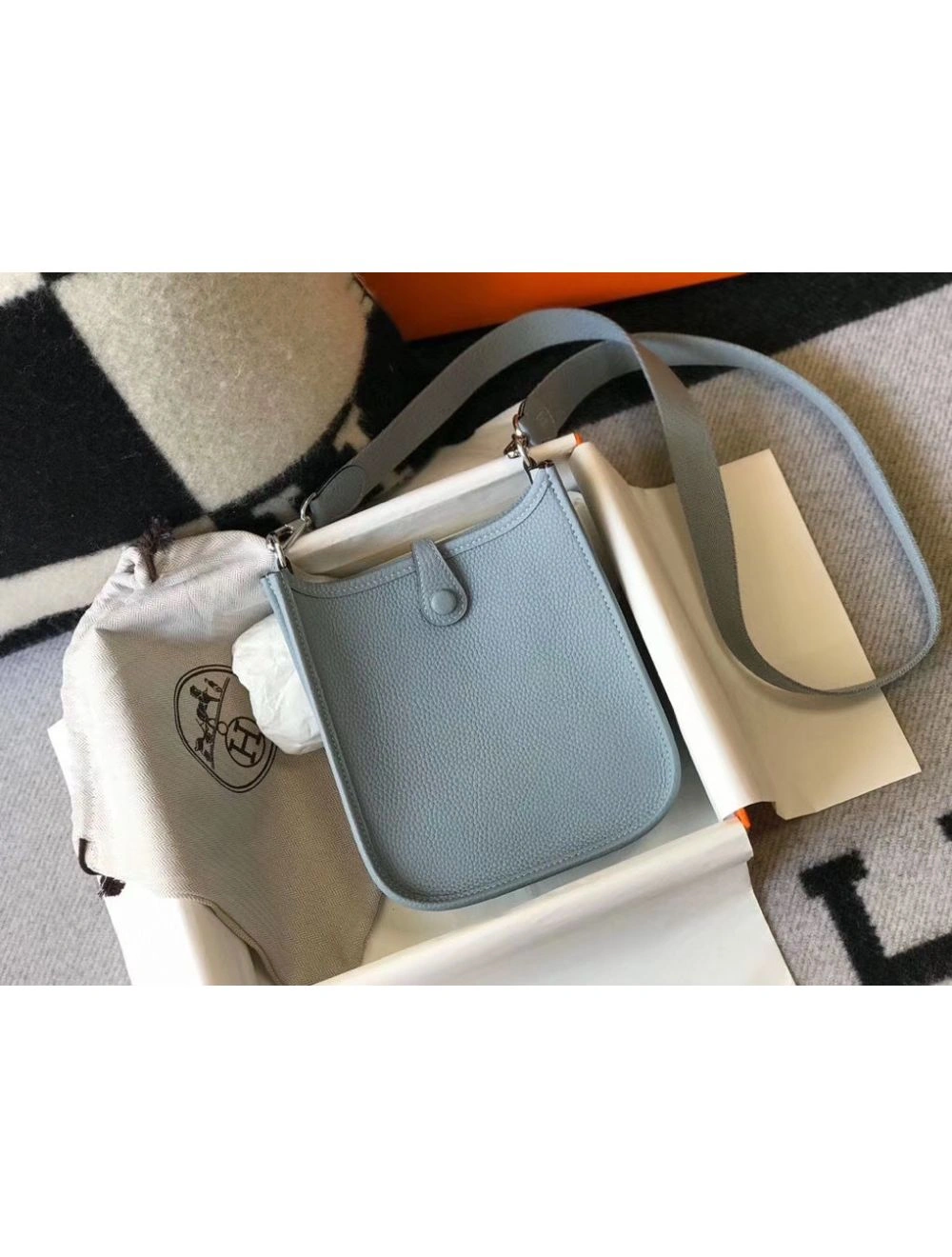 Hermes Evelyne III TPM Bag In Blue Lin Clemence Leather