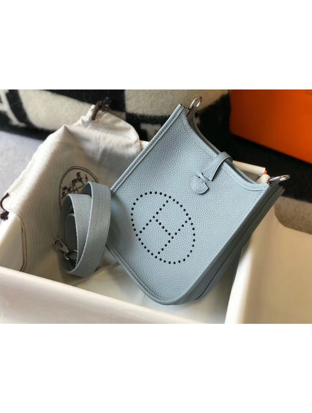 Hermes Evelyne III TPM Bag In Blue Lin Clemence Leather