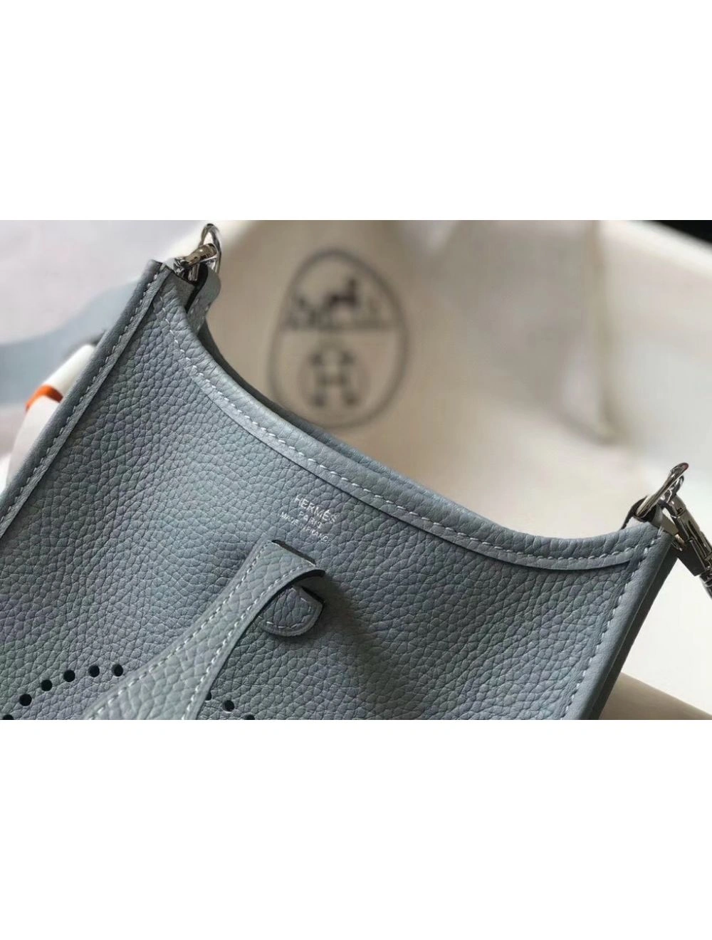 Hermes Evelyne III TPM Bag In Blue Lin Clemence Leather