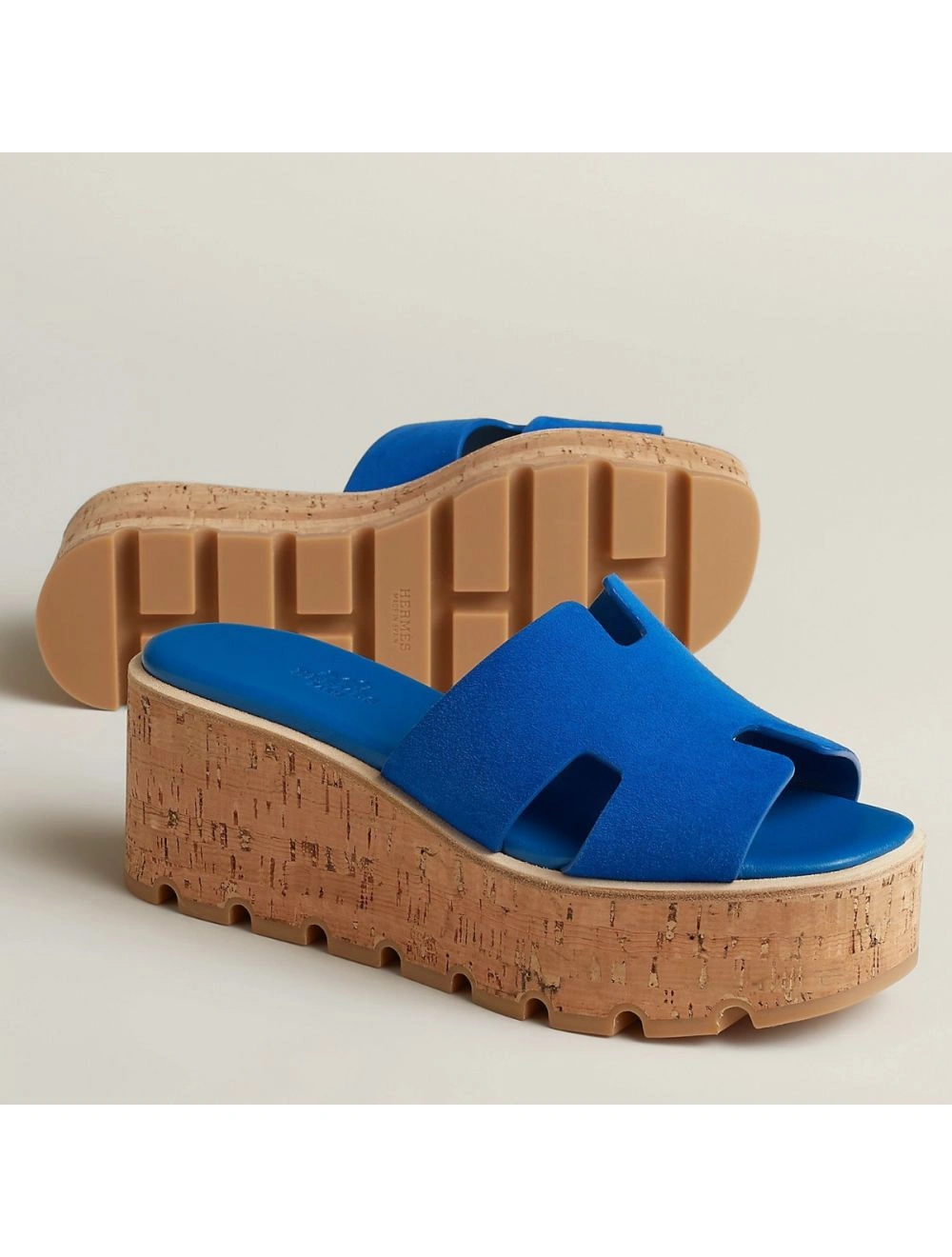 Hermes Eze 30 Cork Platform Sandals in Blue Suede Leather