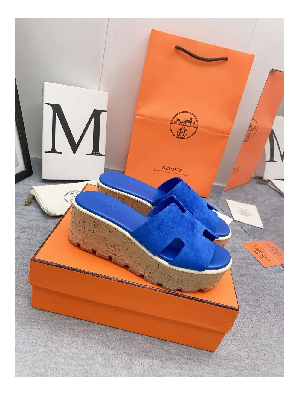 Hermes Eze 30 Cork Platform Sandals in Blue Suede Leather