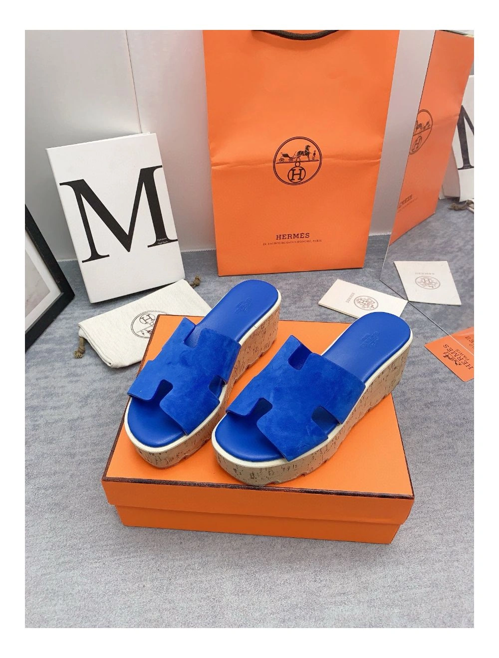 Hermes Eze 30 Cork Platform Sandals in Blue Suede Leather