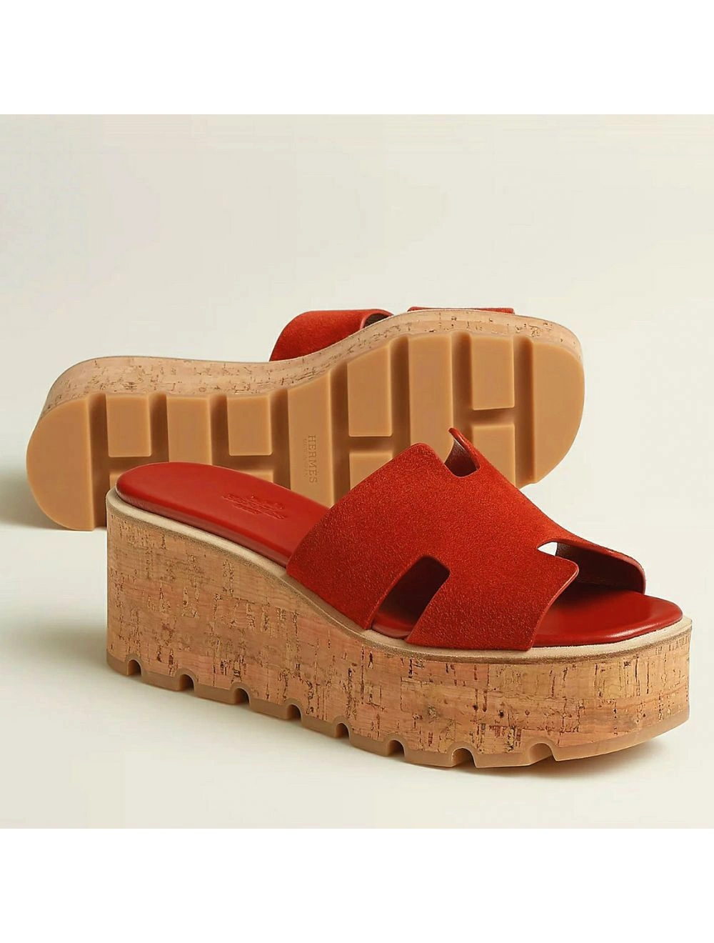 Hermes Eze 30 Cork Platform Sandals in Piment Suede Leather