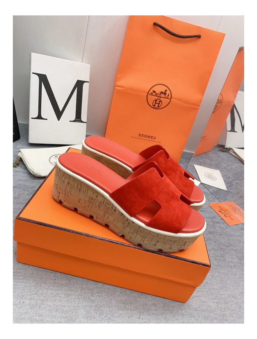 Hermes Eze 30 Cork Platform Sandals in Piment Suede Leather