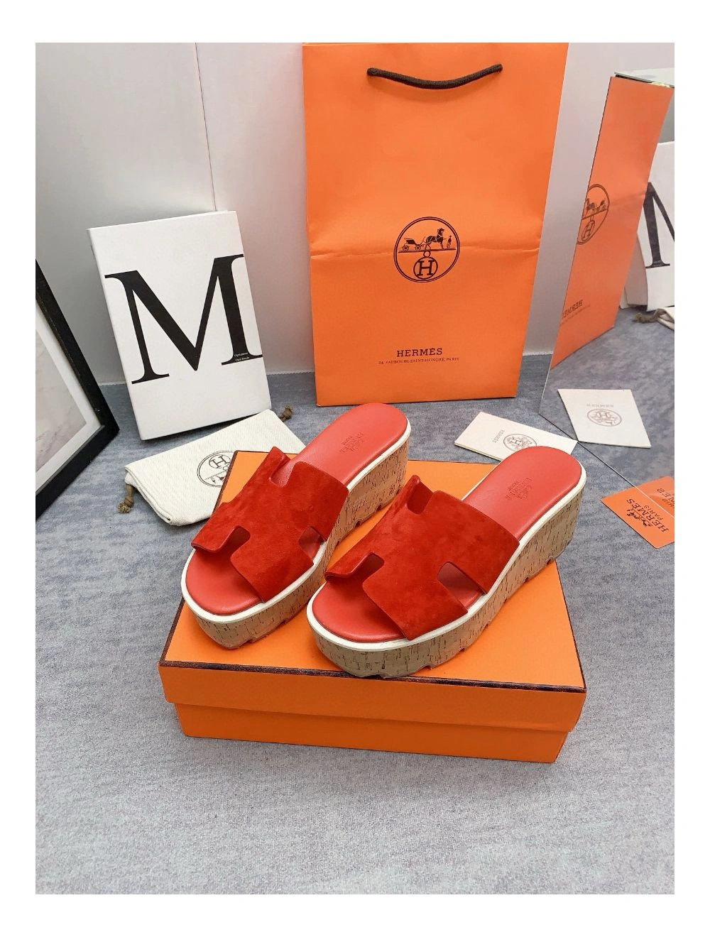 Hermes Eze 30 Cork Platform Sandals in Piment Suede Leather