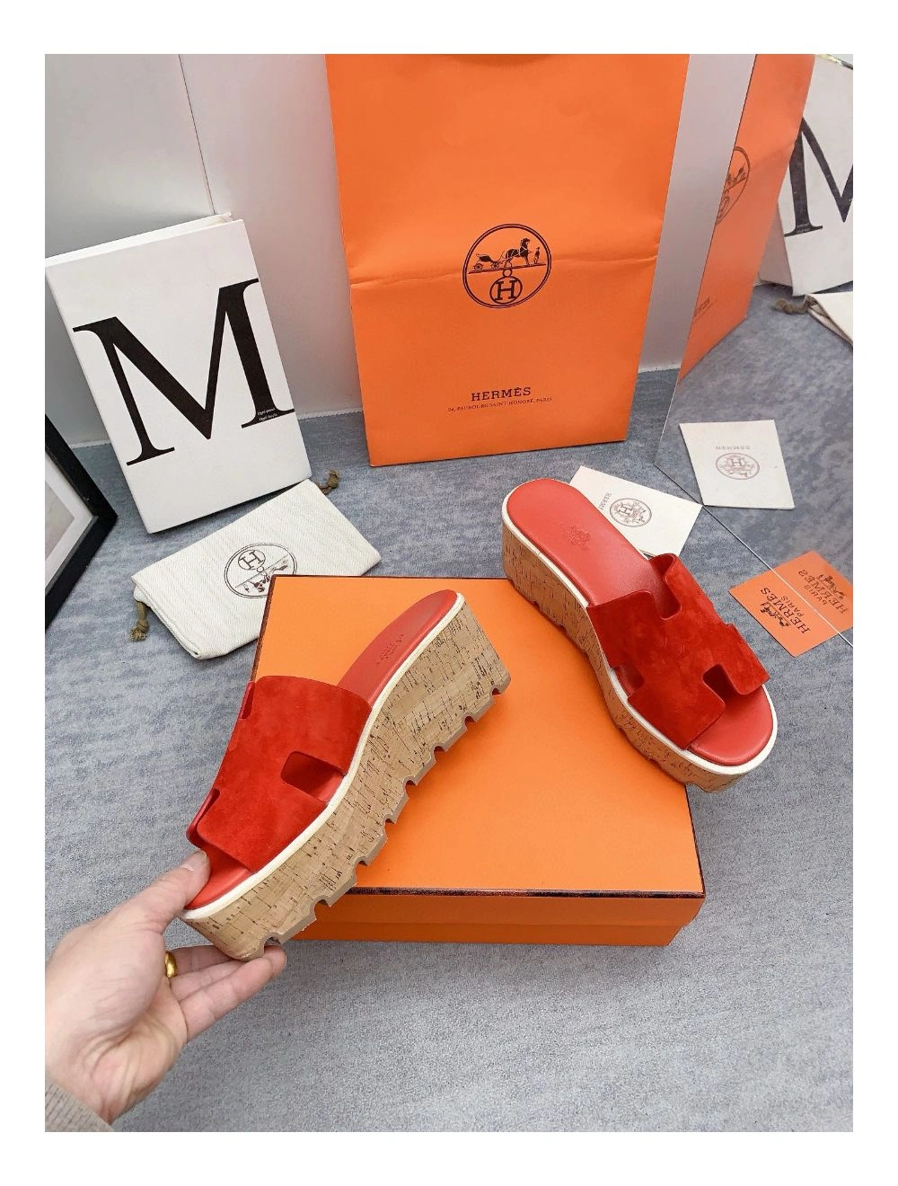 Hermes Eze 30 Cork Platform Sandals in Piment Suede Leather