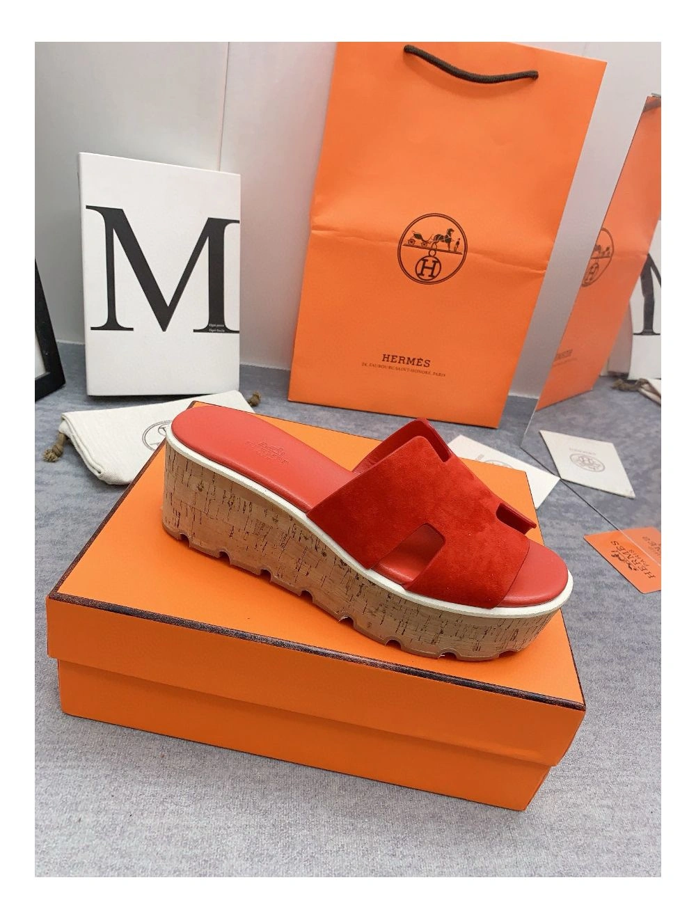 Hermes Eze 30 Cork Platform Sandals in Piment Suede Leather
