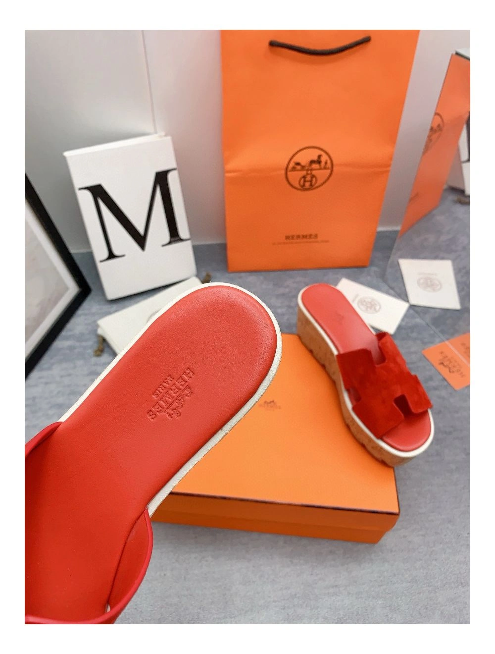 Hermes Eze 30 Cork Platform Sandals in Piment Suede Leather