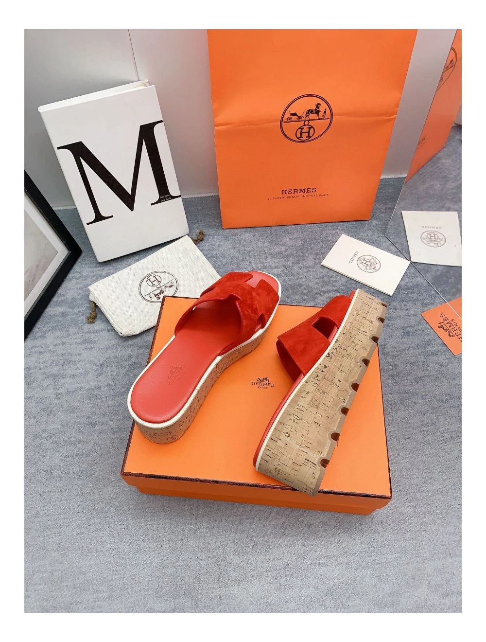 Hermes Eze 30 Cork Platform Sandals in Piment Suede Leather