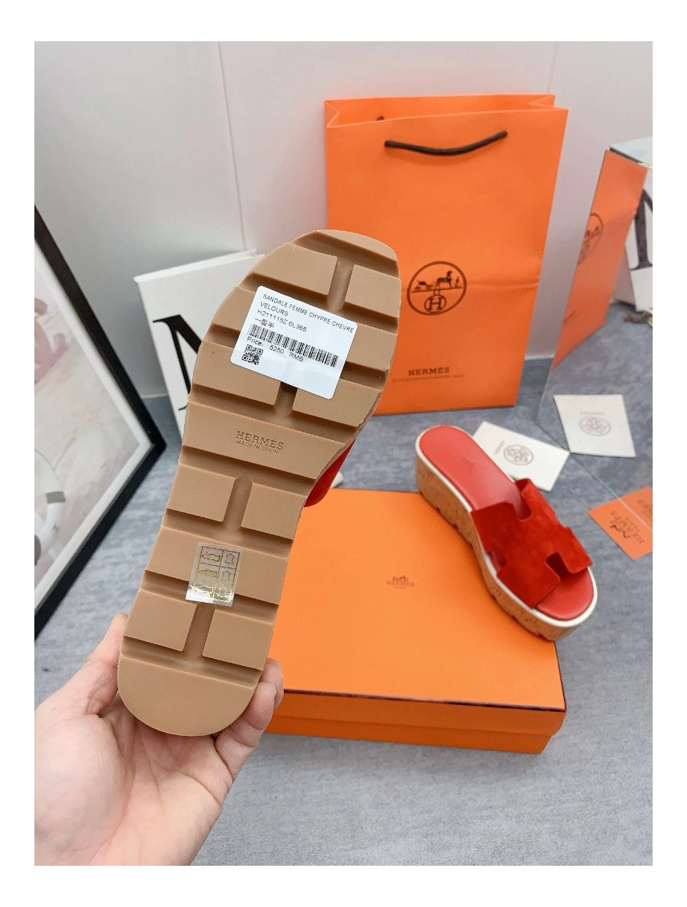 Hermes Eze 30 Cork Platform Sandals in Piment Suede Leather