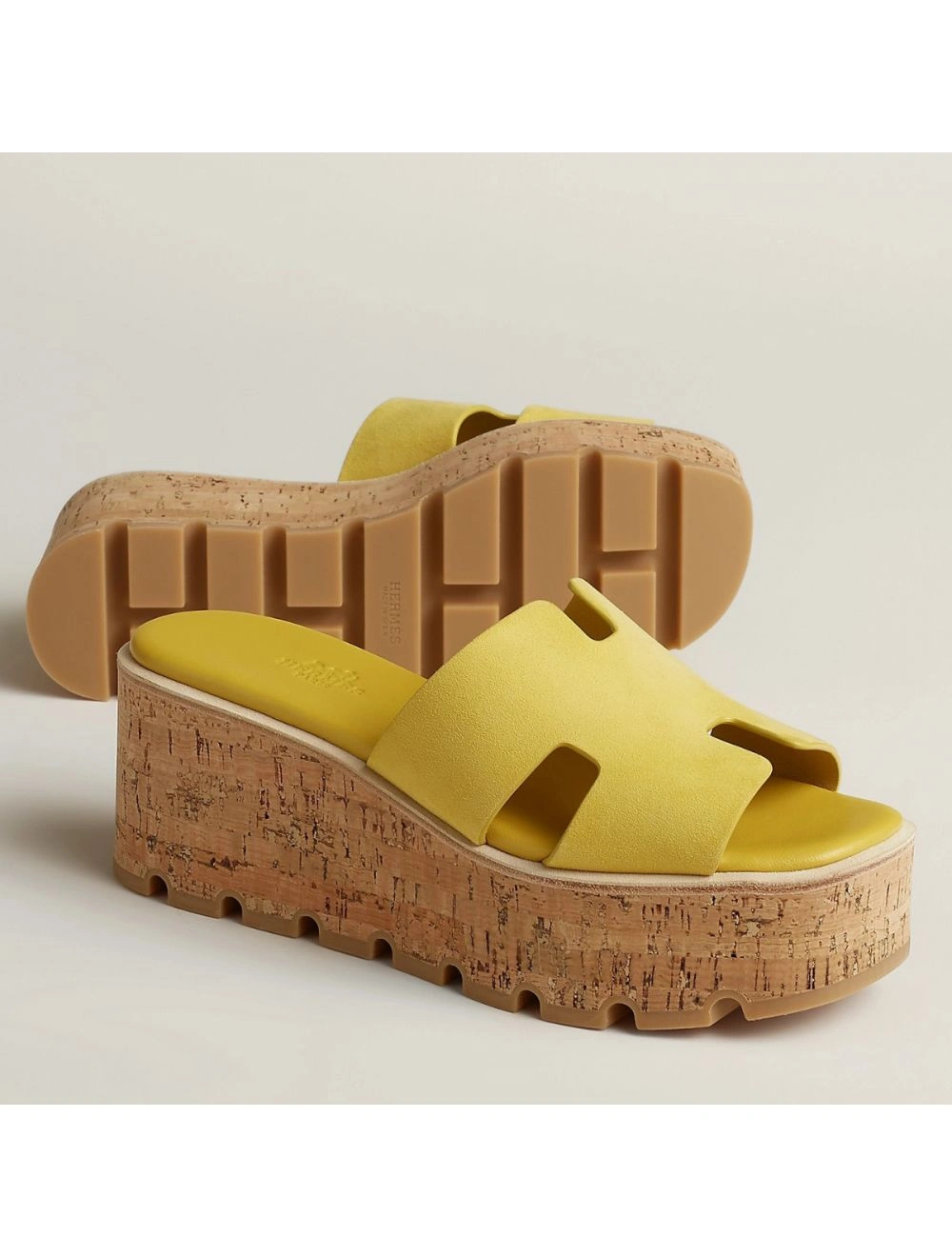 Hermes Eze 30 Cork Platform Sandals in Yellow Suede Leather