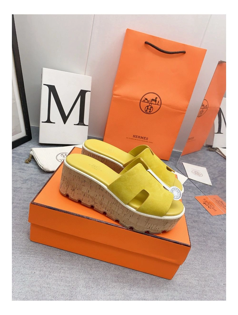 Hermes Eze 30 Cork Platform Sandals in Yellow Suede Leather