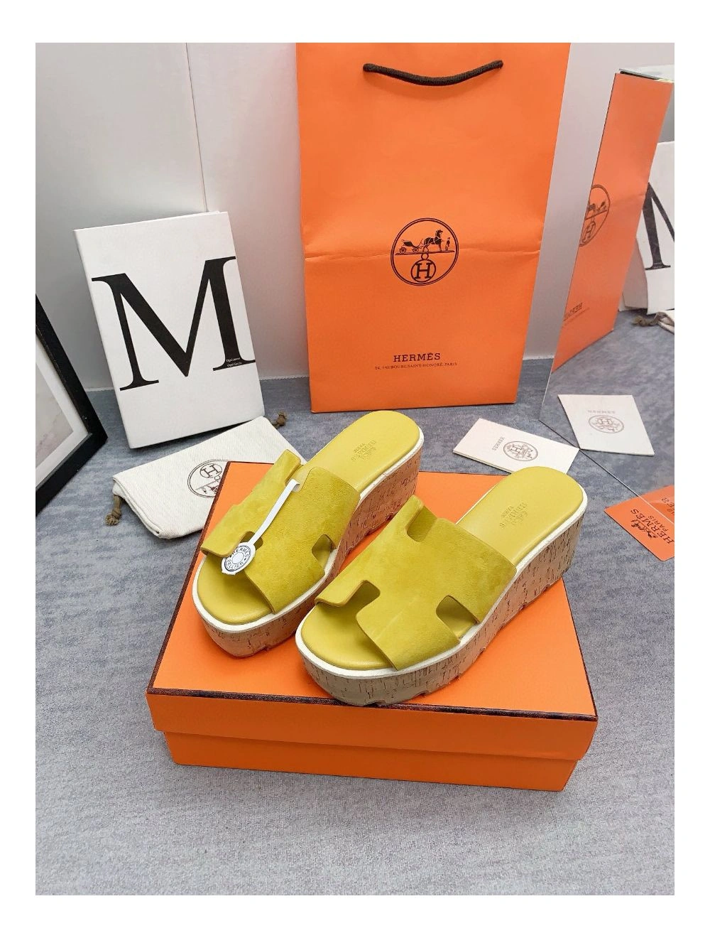 Hermes Eze 30 Cork Platform Sandals in Yellow Suede Leather