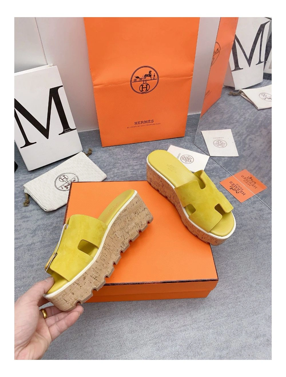 Hermes Eze 30 Cork Platform Sandals in Yellow Suede Leather