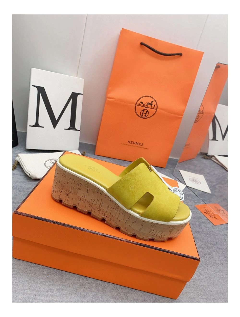 Hermes Eze 30 Cork Platform Sandals in Yellow Suede Leather