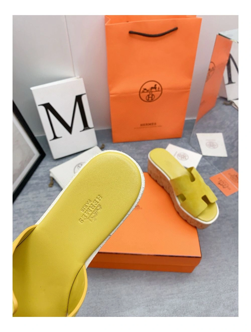 Hermes Eze 30 Cork Platform Sandals in Yellow Suede Leather