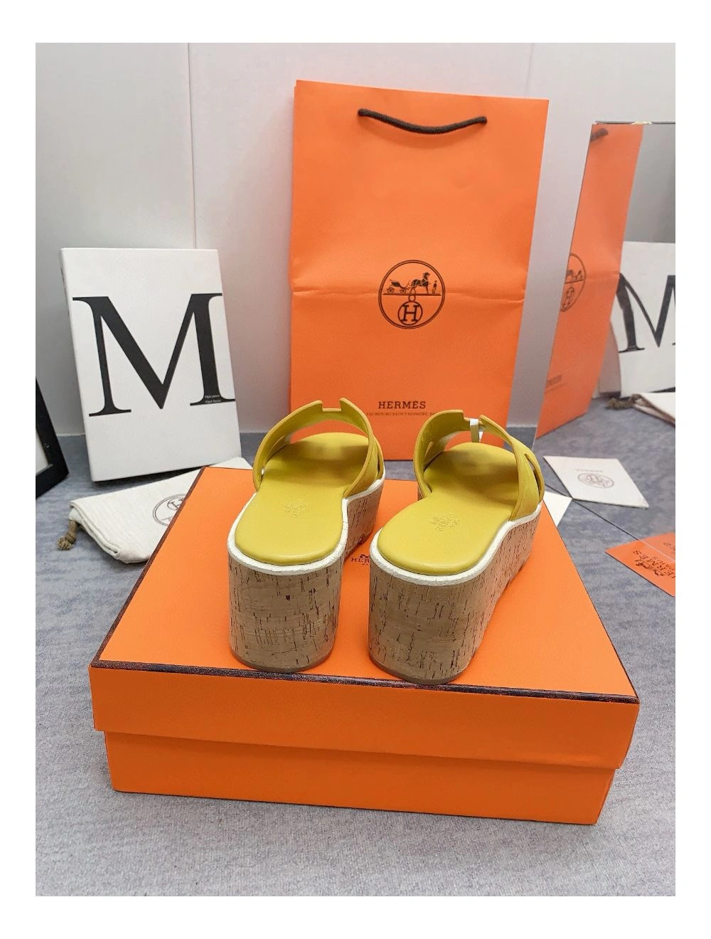 Hermes Eze 30 Cork Platform Sandals in Yellow Suede Leather