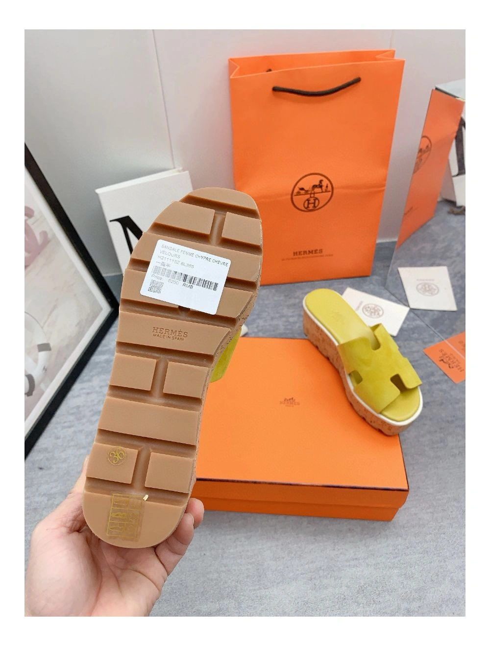 Hermes Eze 30 Cork Platform Sandals in Yellow Suede Leather