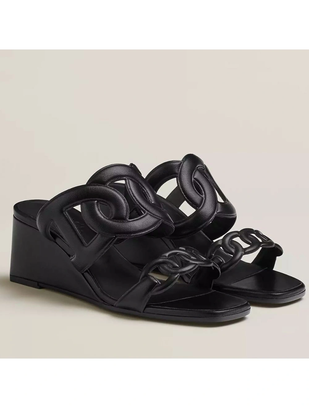 Hermes Figari 55mm Wedge Sandals In Black Nappa Leather