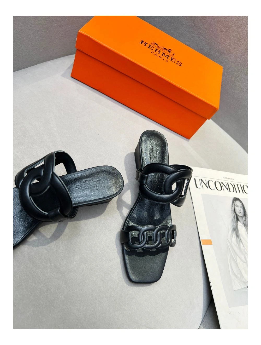 Hermes Figari 55mm Wedge Sandals In Black Nappa Leather