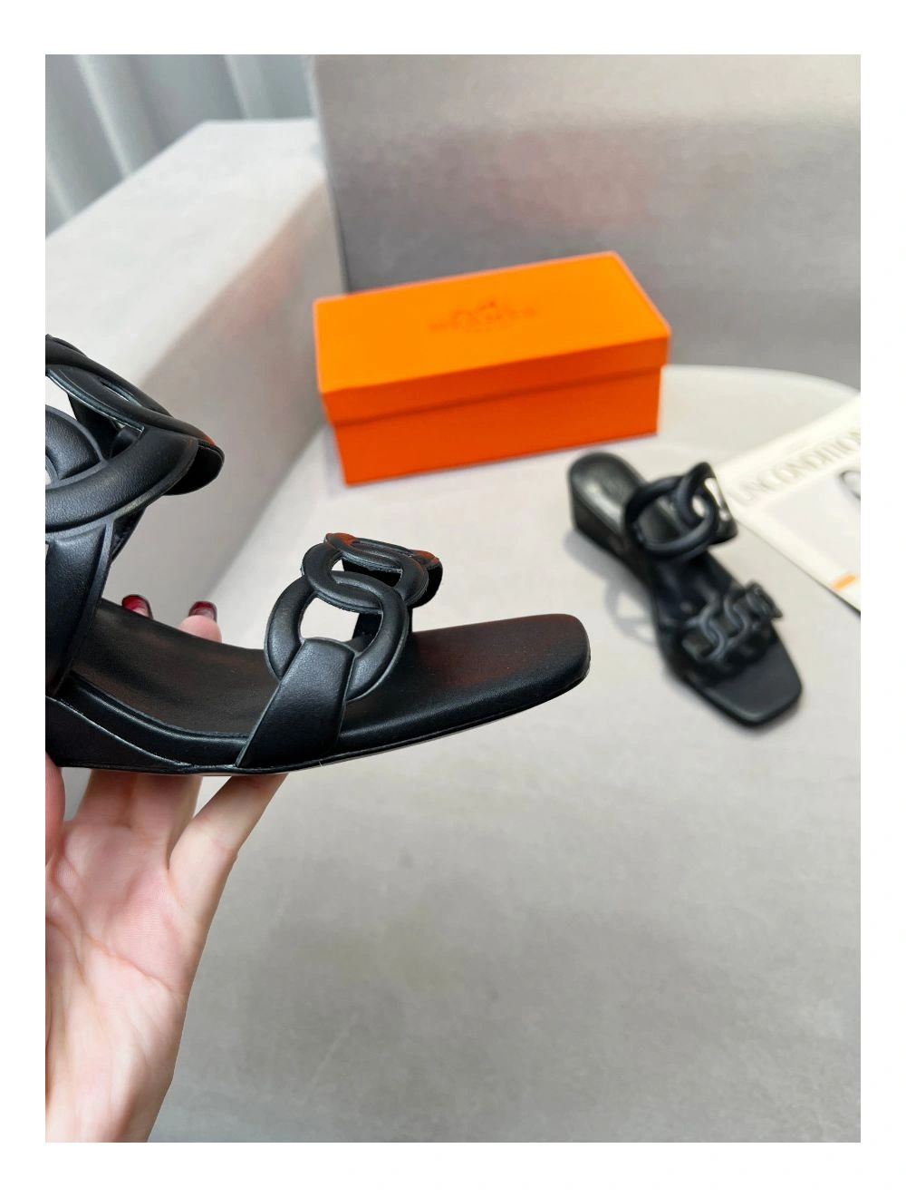 Hermes Figari 55mm Wedge Sandals In Black Nappa Leather