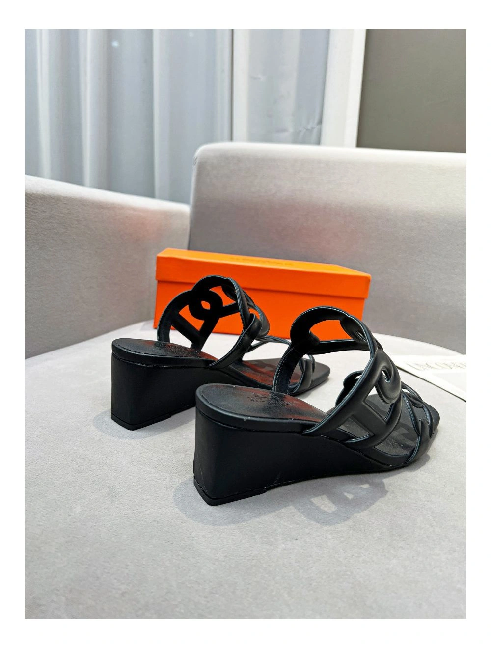 Hermes Figari 55mm Wedge Sandals In Black Nappa Leather